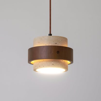 Travertine Pendant Light Tiered Cylinder Wood Band View 31