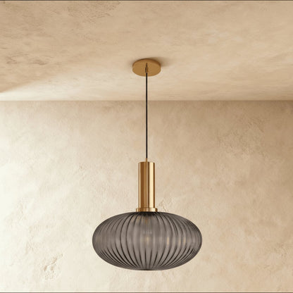 Vintage Brass Pendant Light Ribbed Glass Shade Alternate
