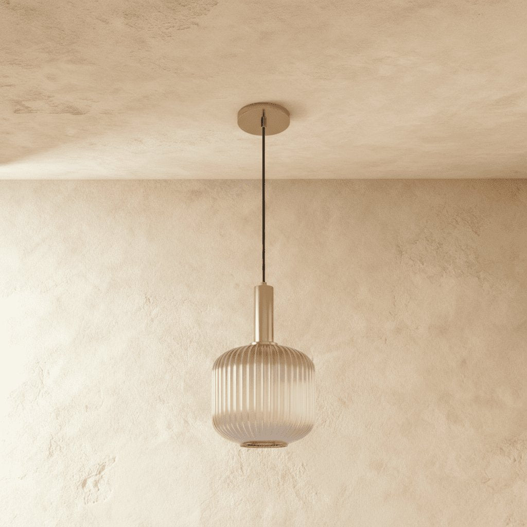 Vintage Brass Pendant Light Ribbed Glass Shade Angle