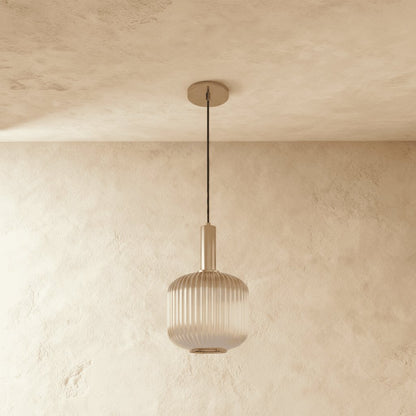 Vintage Brass Pendant Light Ribbed Glass Shade Angle