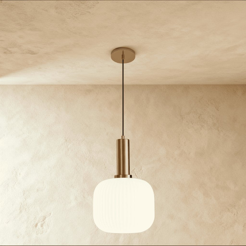 Vintage Brass Pendant Light Ribbed Glass Shade Back