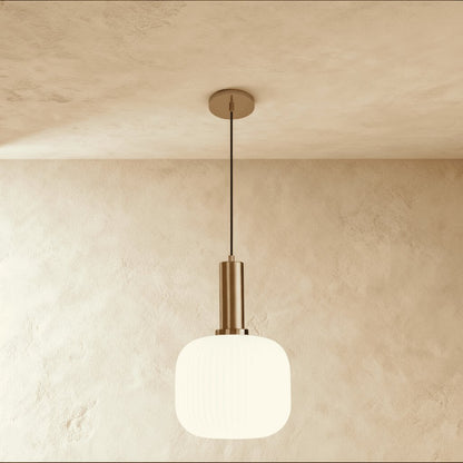 Vintage Brass Pendant Light Ribbed Glass Shade Back