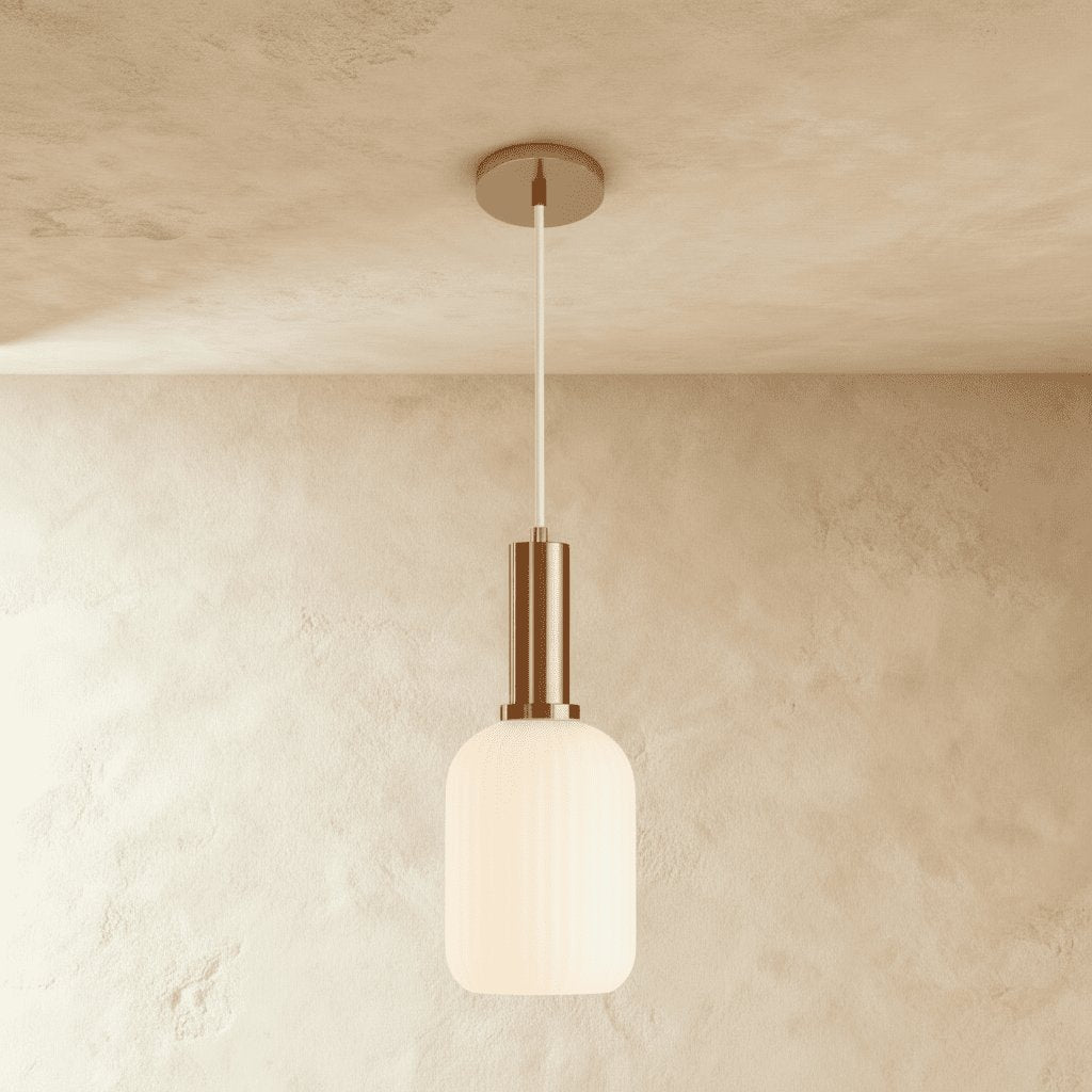 Vintage Brass Pendant Light Ribbed Glass Shade Close Up