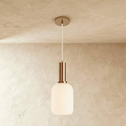 Vintage Brass Pendant Light Ribbed Glass Shade Close Up