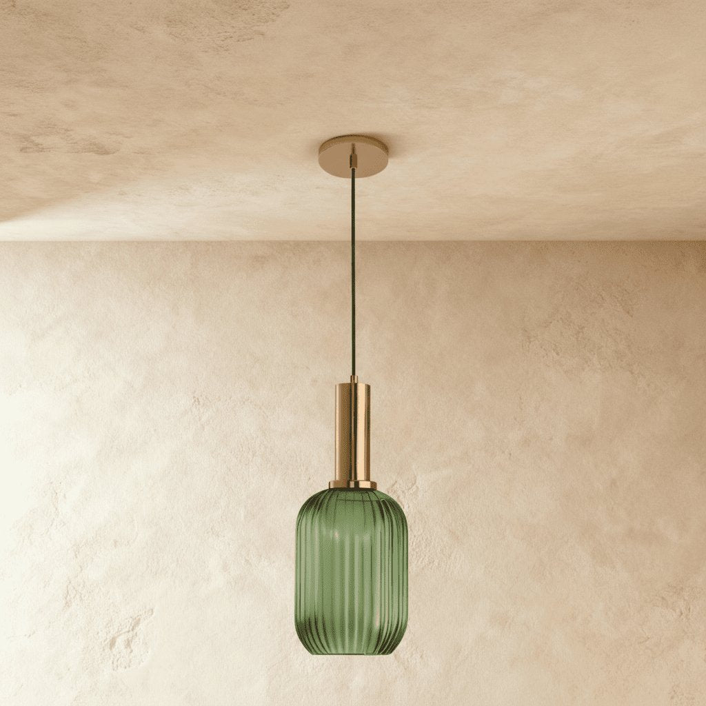 Vintage Brass Pendant Light Ribbed Glass Shade Detail