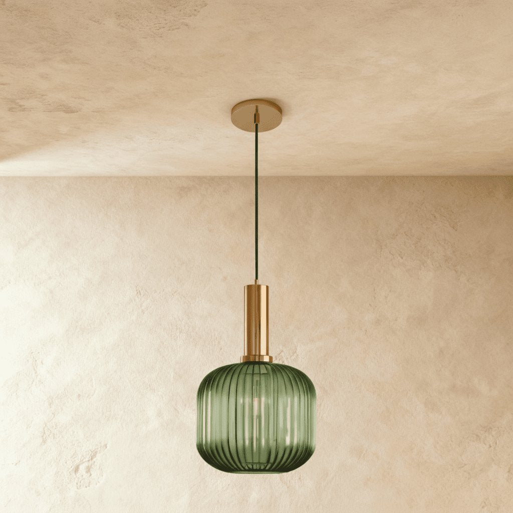 Vintage Brass Pendant Light Ribbed Glass Shade Front
