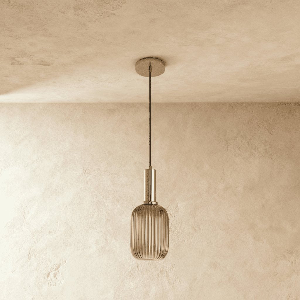 Vintage Brass Pendant Light Ribbed Glass Shade Full