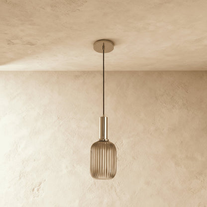 Vintage Brass Pendant Light Ribbed Glass Shade Full