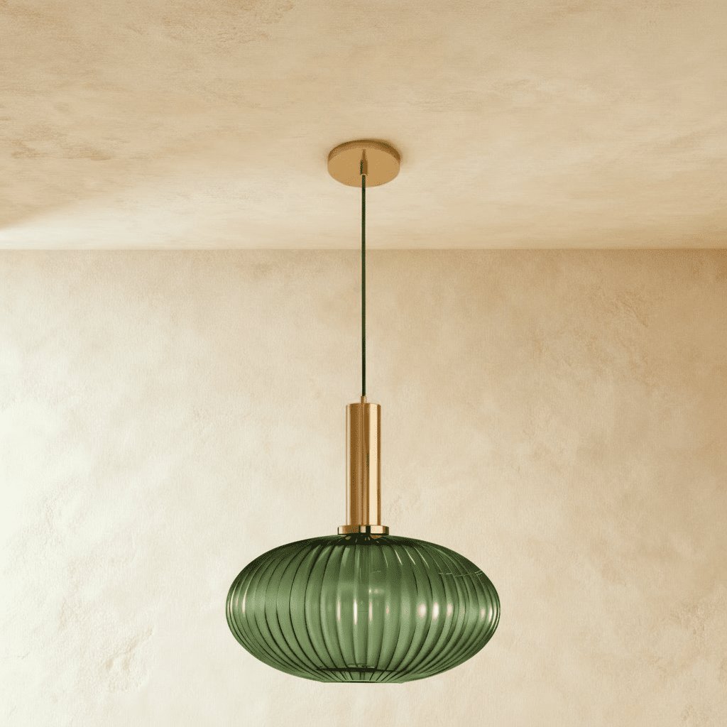 Vintage Brass Pendant Light Ribbed Glass Shade Hero