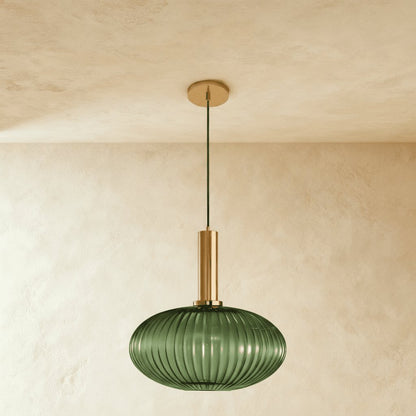 Vintage Brass Pendant Light Ribbed Glass Shade Hero