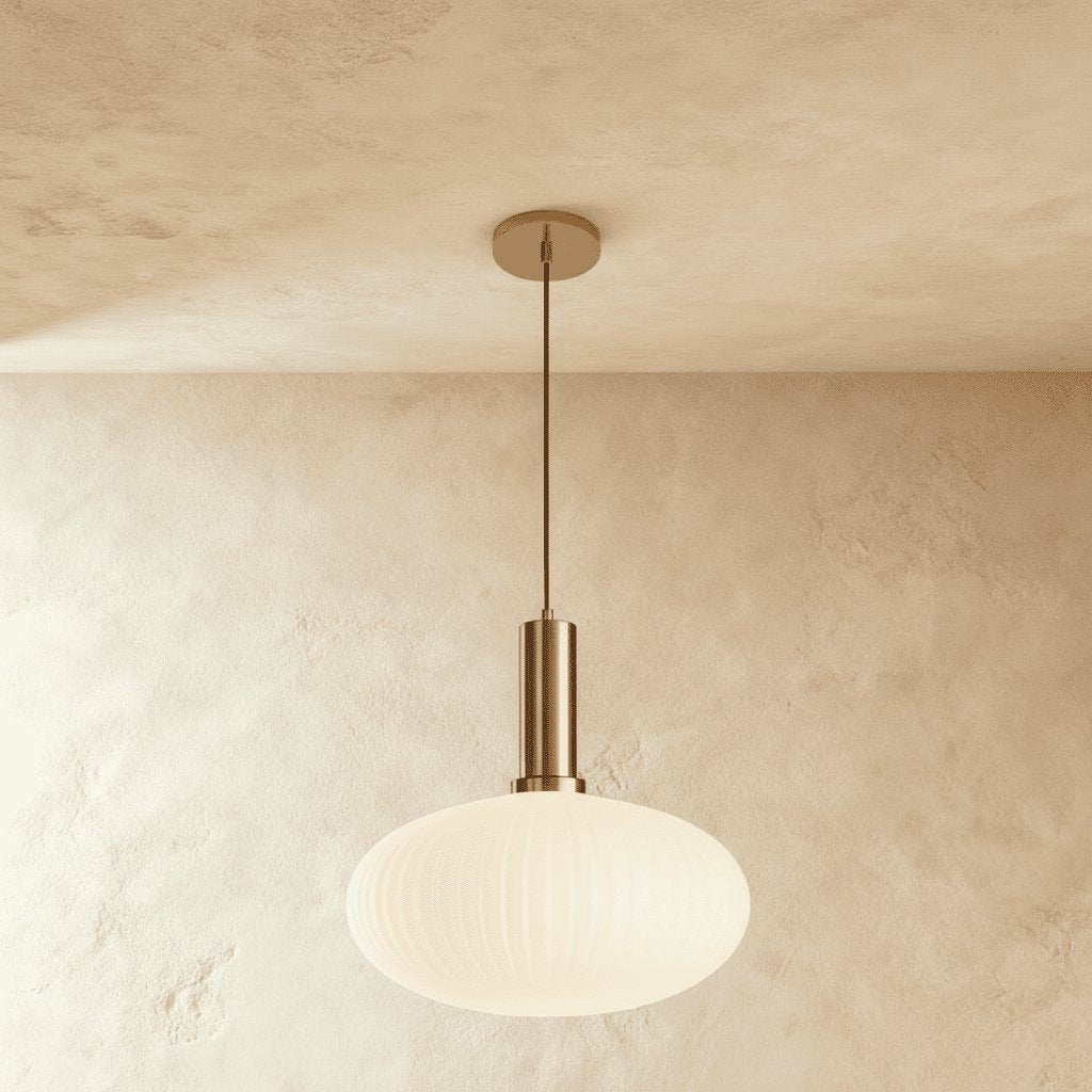 Vintage Brass Pendant Light Ribbed Glass Shade Side