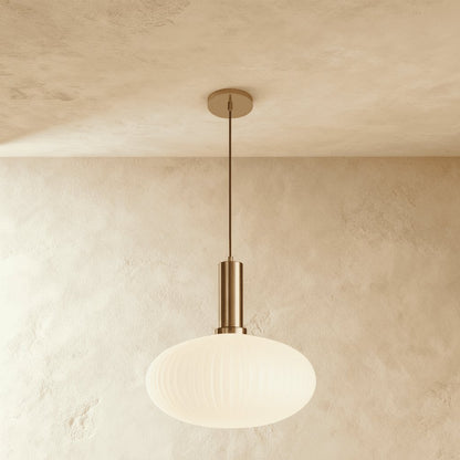 Vintage Brass Pendant Light Ribbed Glass Shade Side