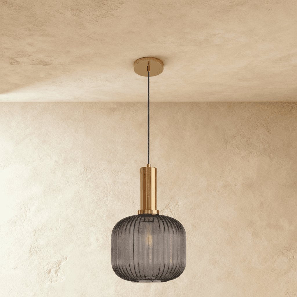 Vintage Brass Pendant Light Ribbed Glass Shade View 11