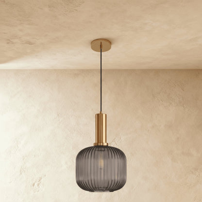 Vintage Brass Pendant Light Ribbed Glass Shade View 11