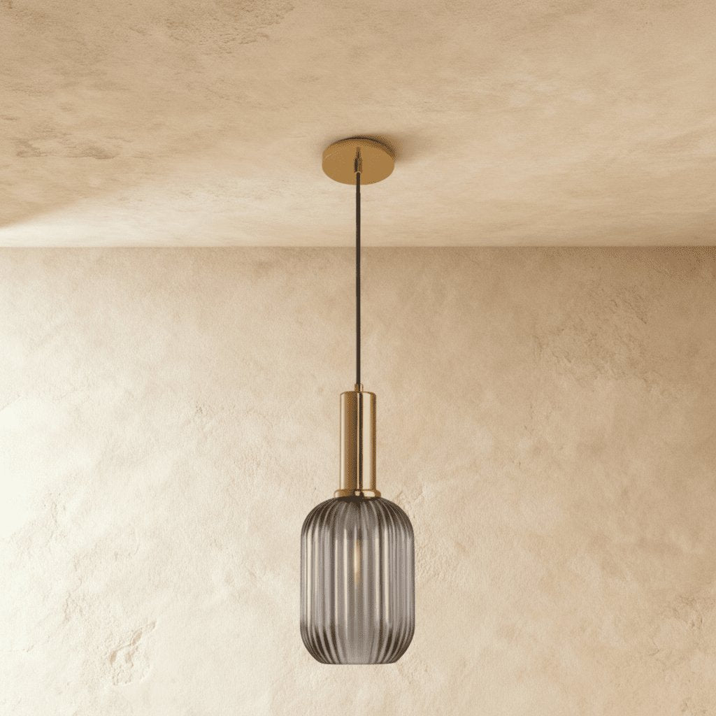 Vintage Brass Pendant Light Ribbed Glass Shade View 12