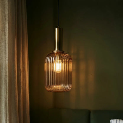 Vintage Brass Pendant Light Ribbed Glass Shade View 18