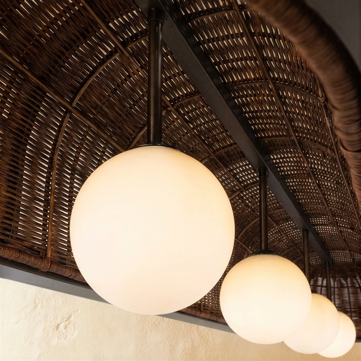 Vintage Brass Rattan Pendant Light Arched Shade Back