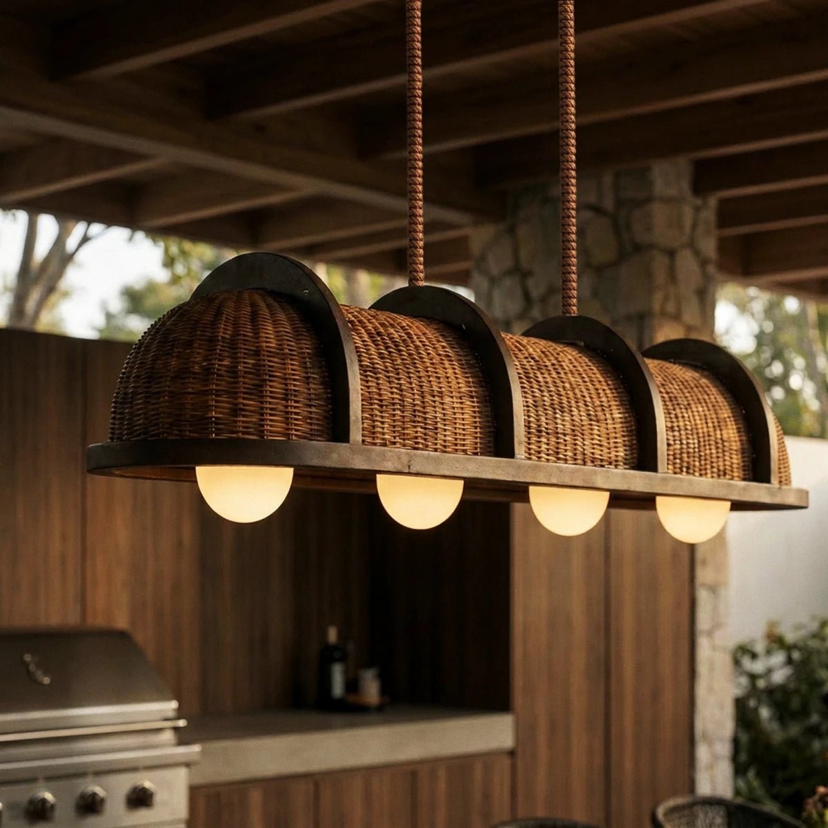 Vintage Brass Rattan Pendant Light Arched Shade View 13