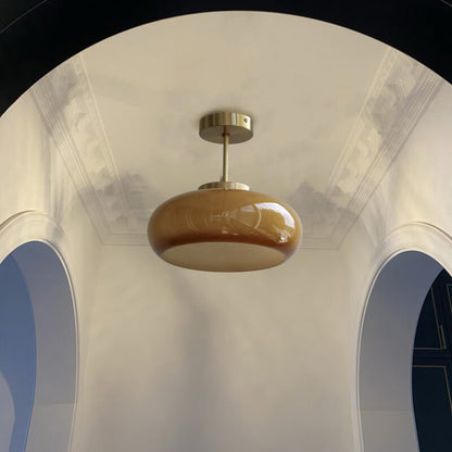 Vintage Brass Yellow Glass 1-Light Semi-Flush Mount Ceiling Light Alternate