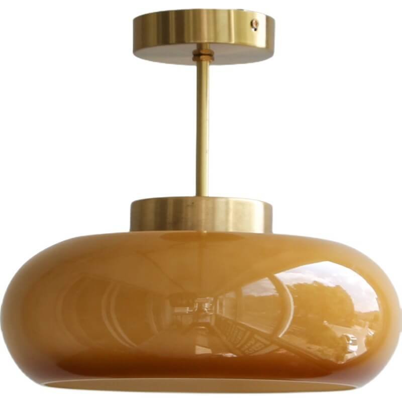 Vintage Brass Yellow Glass 1-Light Semi-Flush Mount Ceiling Light Full