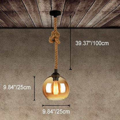 Vintage Glass Metal Rope Pendant Light Round Globe Angle