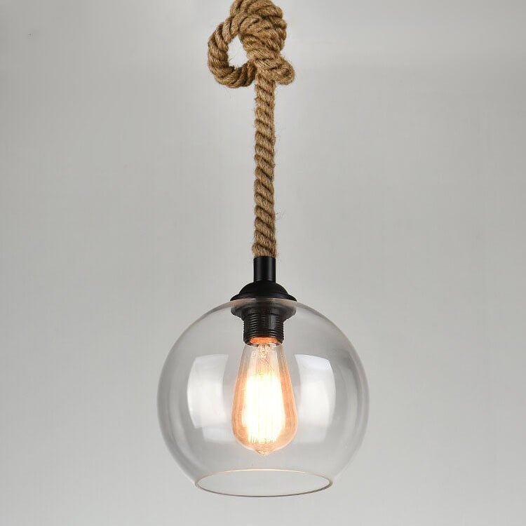 Vintage Glass Metal Rope Pendant Light Round Globe Close Up