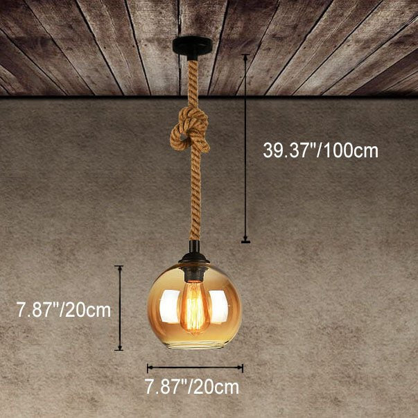 Vintage Glass Metal Rope Pendant Light Round Globe Full