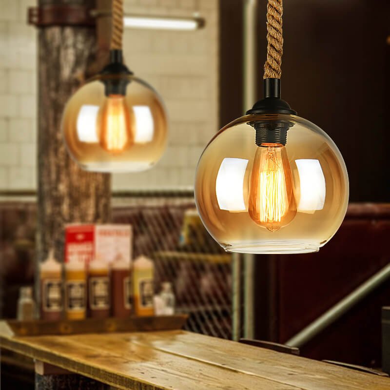 Vintage Glass Metal Rope Pendant Light Round Globe Hero