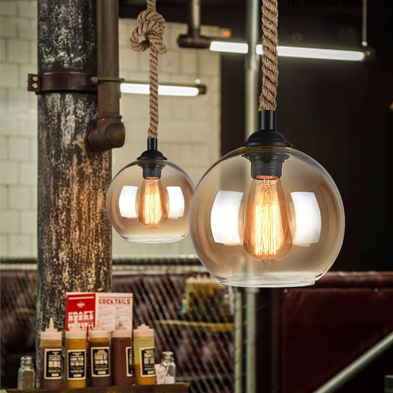 Vintage Glass Metal Rope Pendant Light Round Globe View 13