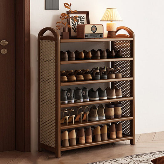 Vintage Rattan Bamboo Shoe Storage Shelf Arched Tier Hero