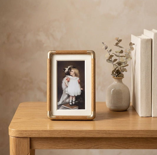 Vintage Solid Wood Photo Frame Brass Corner Detail Hero