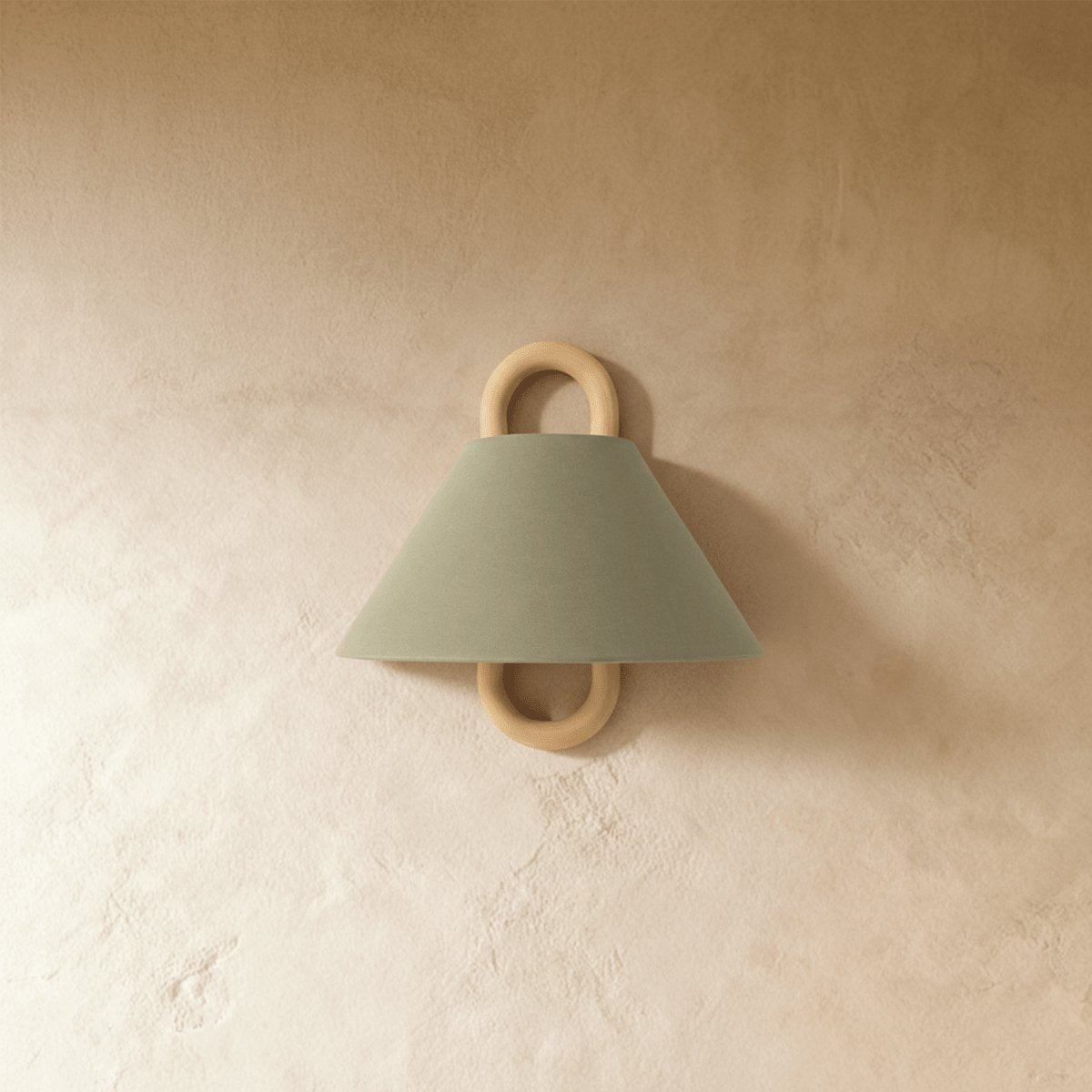 Vintage Wood Wall Lamp Fabric Cone Shade Front