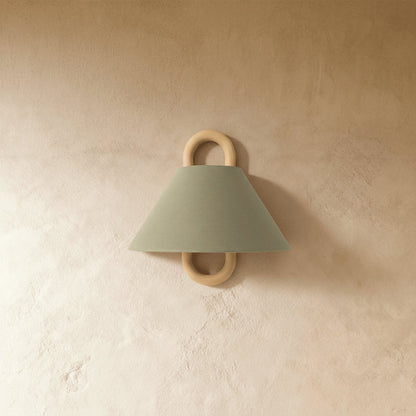 Vintage Wood Wall Lamp Fabric Cone Shade Front