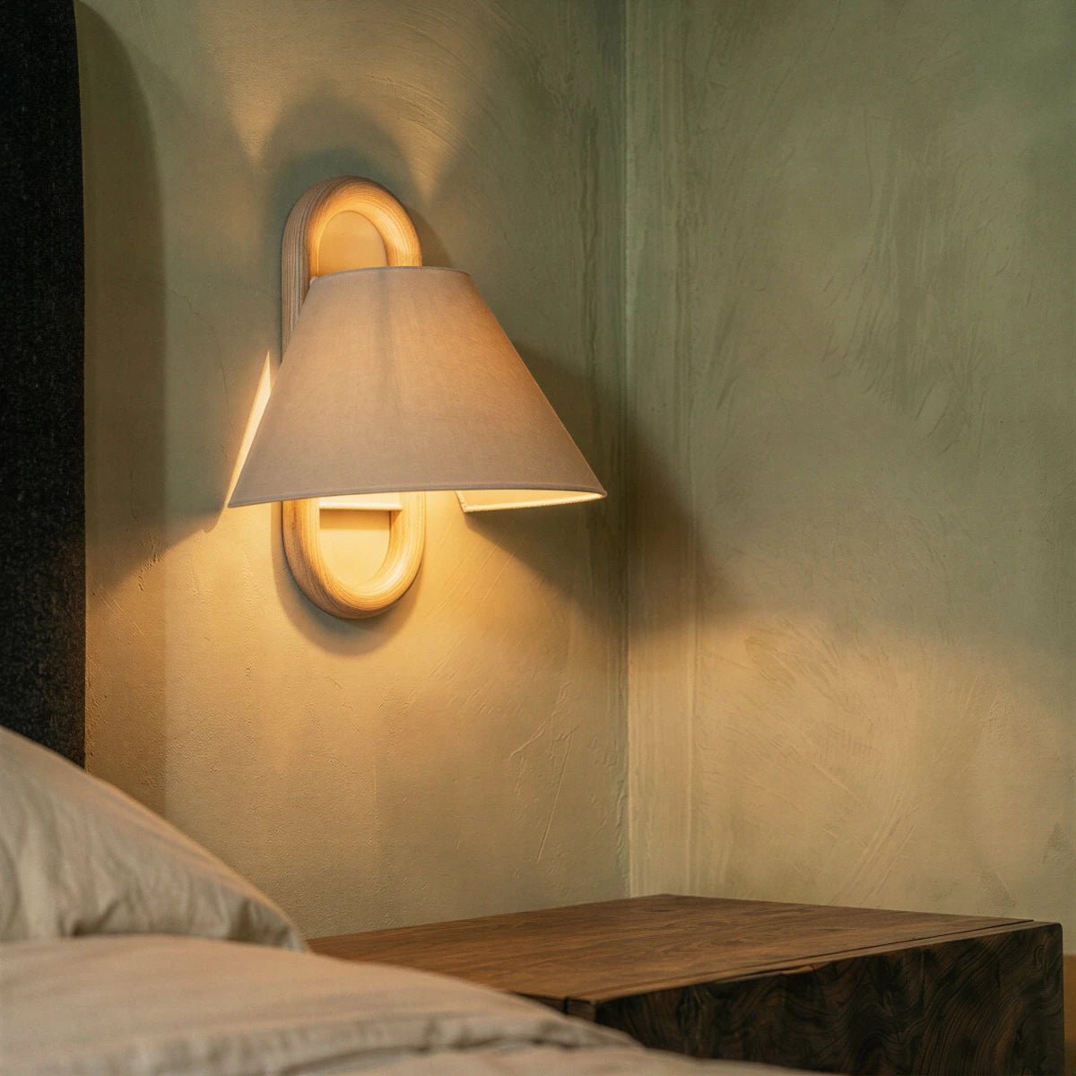 Vintage Wood Wall Lamp Fabric Cone Shade View 14