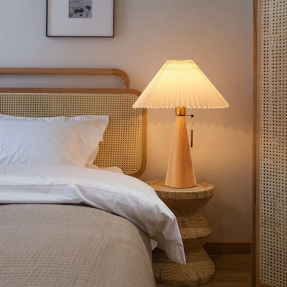 Wooden Base Table Lamp Pleated Cone Shade Angle