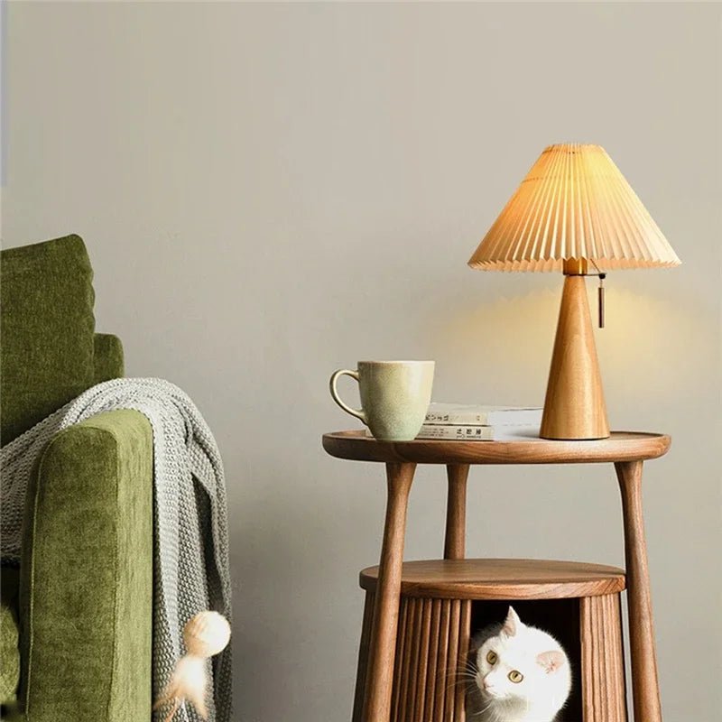 Wooden Base Table Lamp Pleated Cone Shade Back