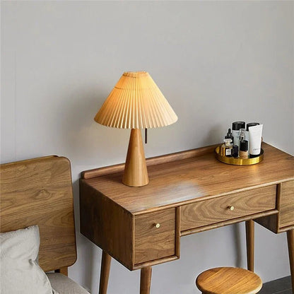 Wooden Base Table Lamp Pleated Cone Shade Close Up