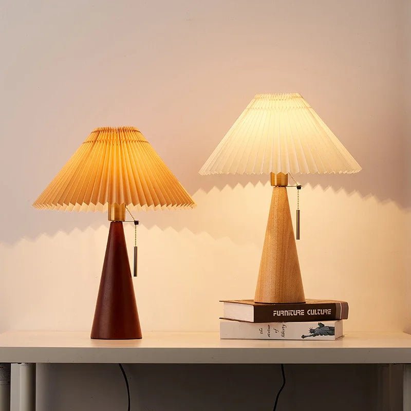 Wooden Base Table Lamp Pleated Cone Shade Detail