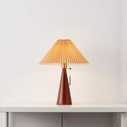 Wooden Base Table Lamp Pleated Cone Shade Front