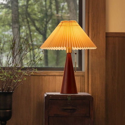 Wooden Base Table Lamp Pleated Cone Shade Full