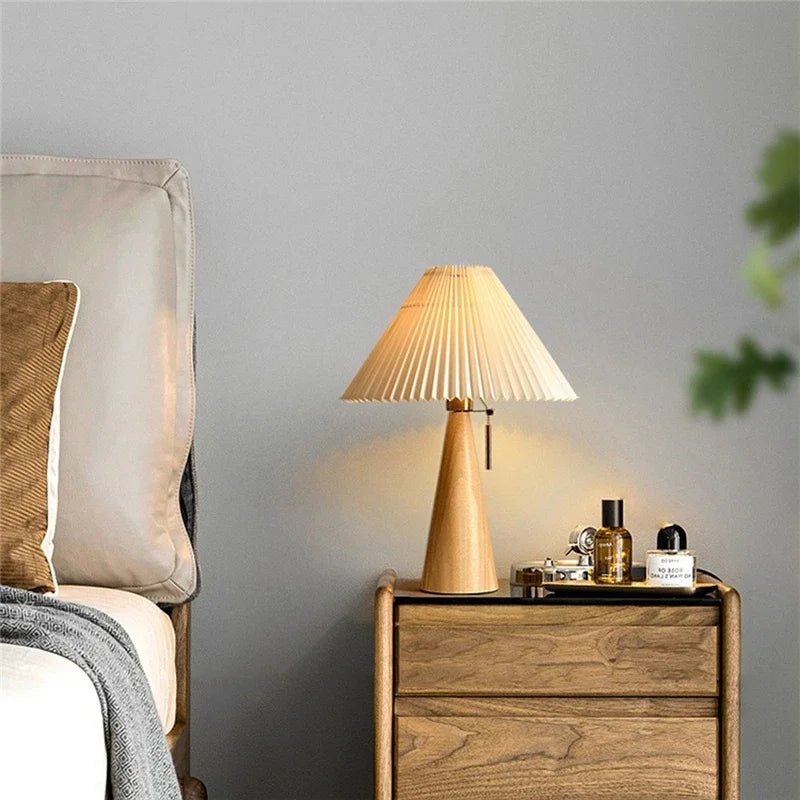 Wooden Base Table Lamp Pleated Cone Shade Side