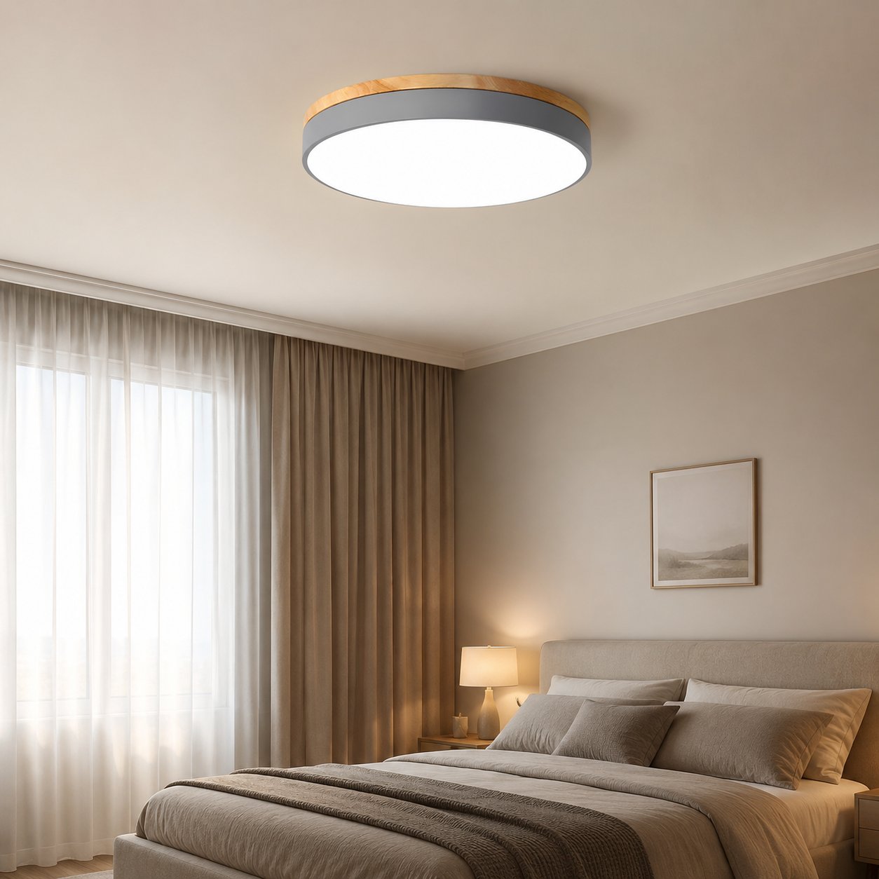 Wooden Flush Mount Ceiling Light Thin Round Full